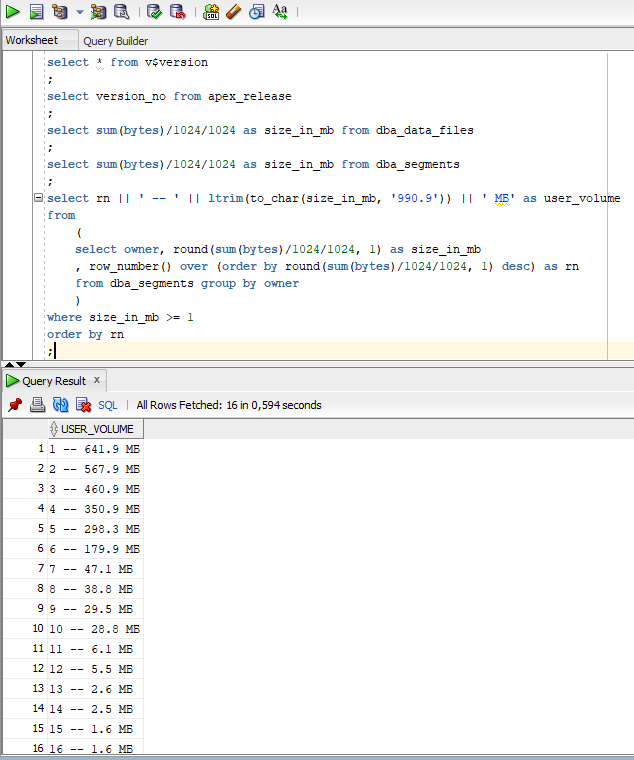 Использованные запросы в консоли Oracle SQL Developer'а