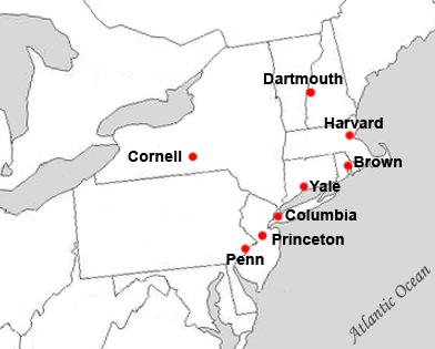 Карта расположения 8 элитных колледжей и университетов Лиги Плюща на восточном побережье США