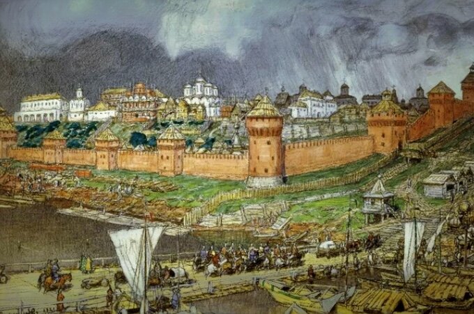 Самый первый мост изображён на гравюре А. М. Васнецова 1894 года (фото elot.ru)