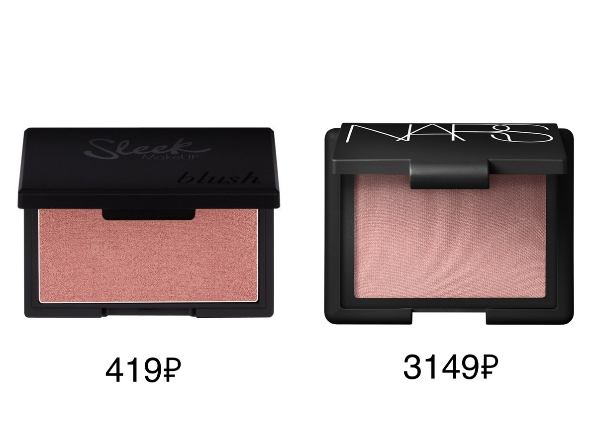 Слева: румяна от sleek rose gold. Купить можно на Озон, Wildberries. Справа: румяна от nars orgasm. Купить можно в Летуаль, Золотом яблоке. 