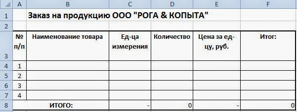 Образец таблица заказов