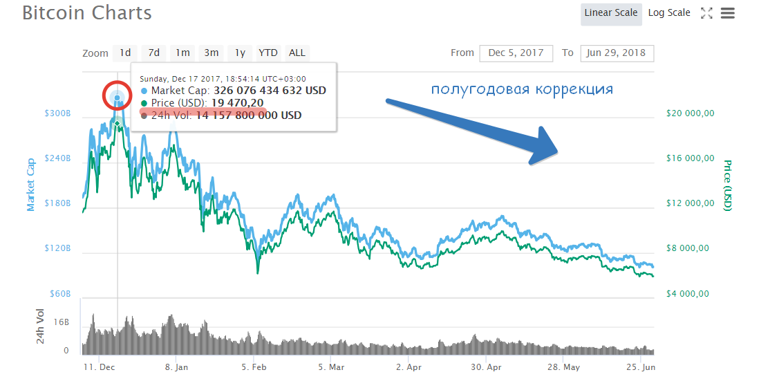 график курса биткоина с сайта coinmarketcap за период: декабрь 2017-июнь 2018