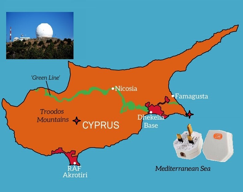 Ещё британцы сохраняют за собой два пункта радио-разведки и дальней связи: на мысе Греко и на высочайшей вершине в горах Троодос