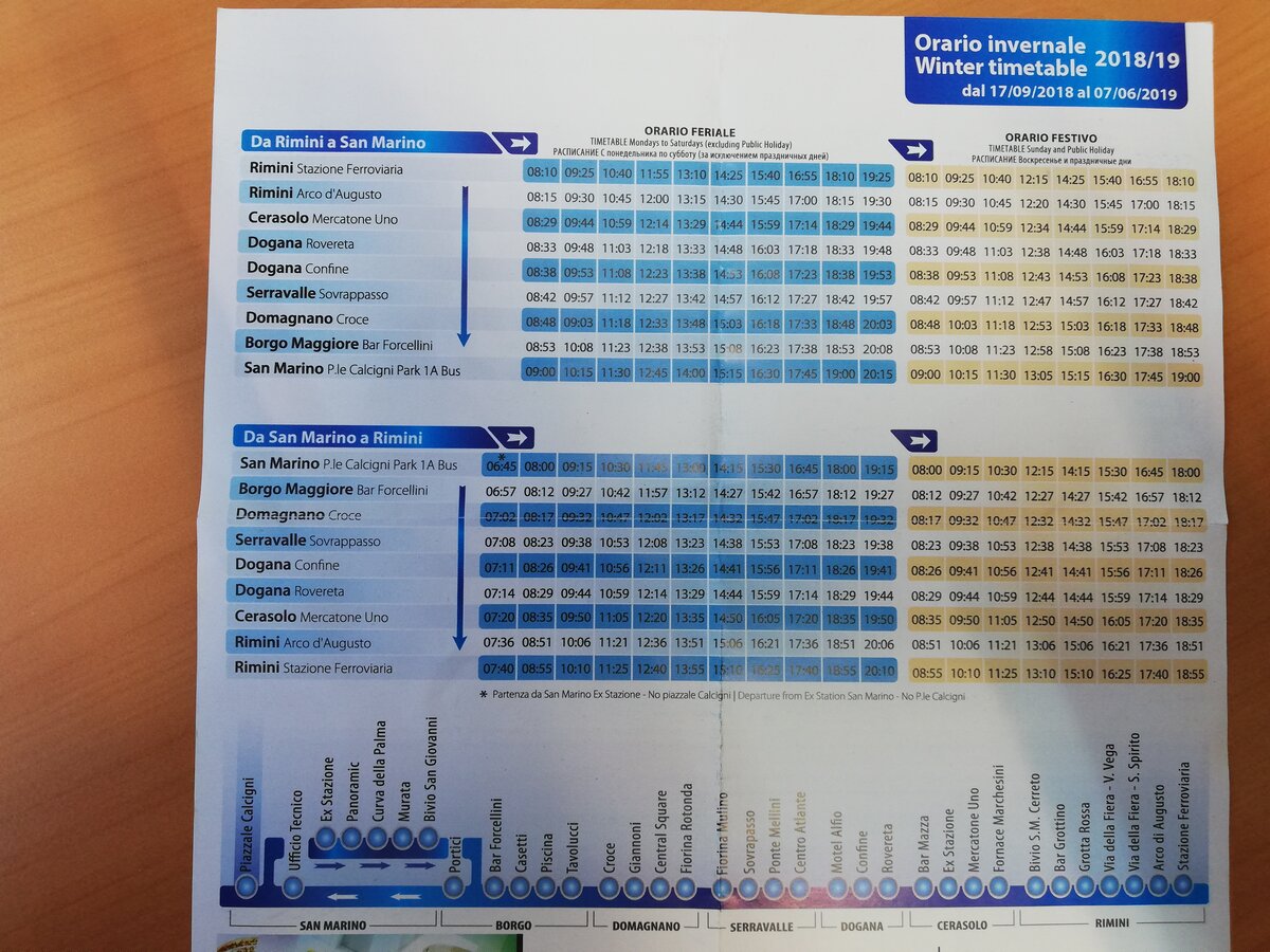 Расписание автобусов Римини - Сан-Марино с 17 сентября по 7 июня