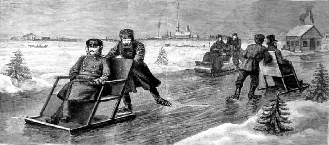 Переправа через Неву на финских санях, 1885 год.