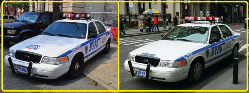 Слева - автомобиль Вспомогательной полиции с обозначением AUXILIARY. Справа - обычный патрульный автомобиль.