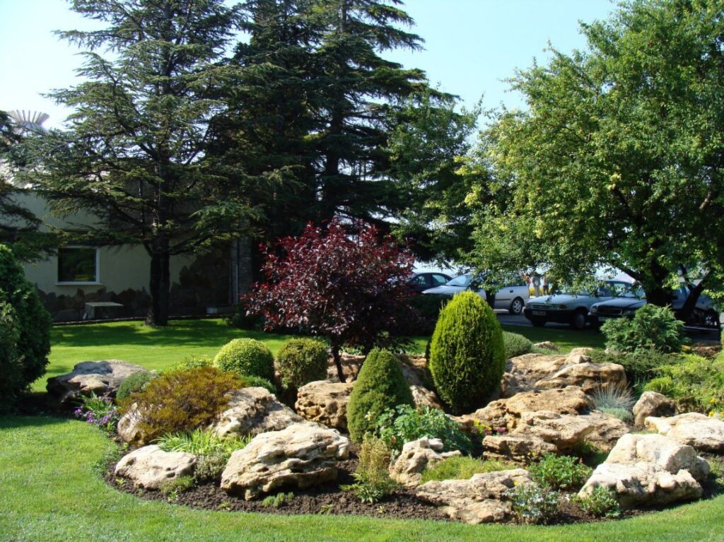 Образцовый рокарий в придомовом пространстве, который раскинулся на лужайке.