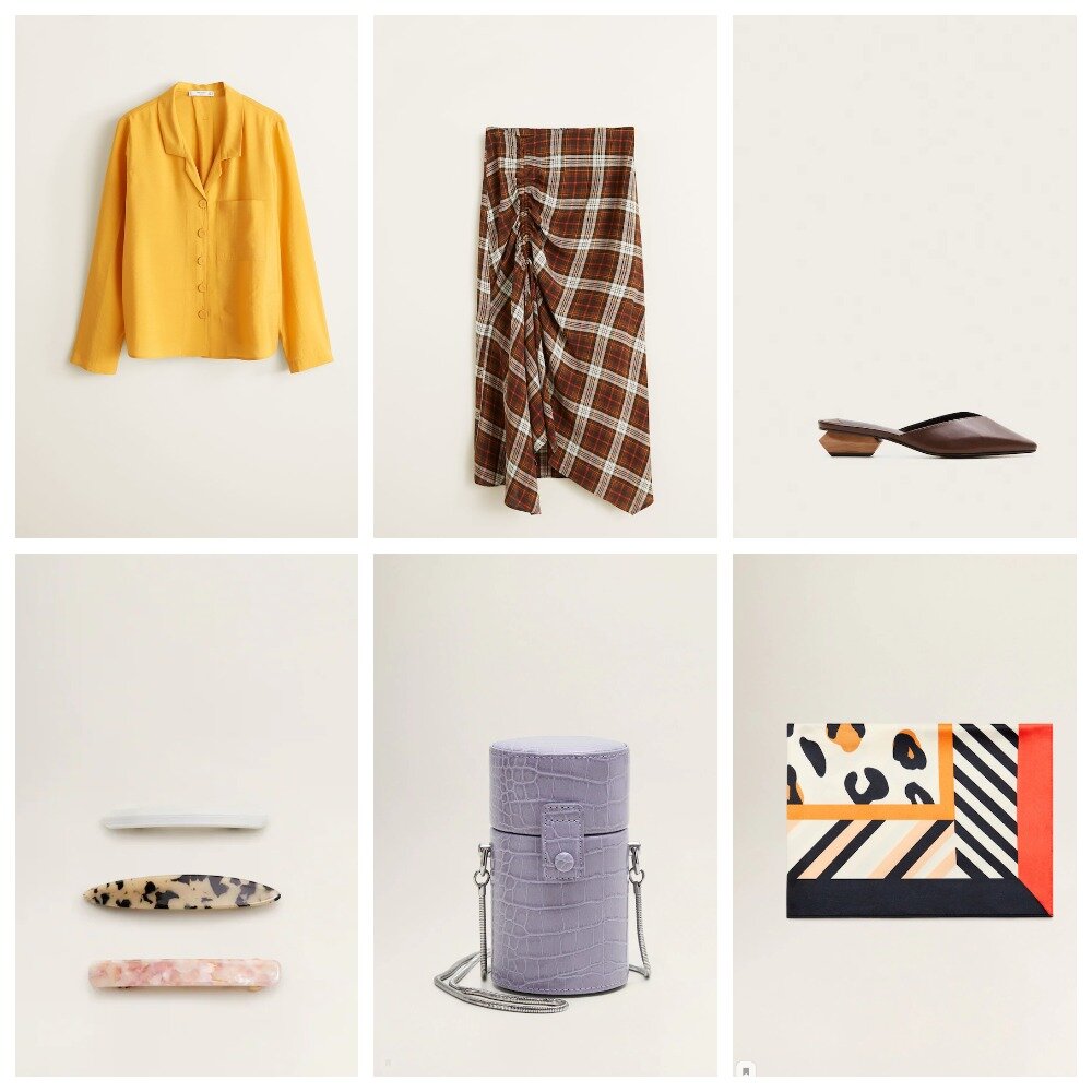 Свободная и интригующая преппи-комбинация из юбки миди в клетку и ярко-желтой рубашки прямого кроя. Сборка на юбке и глубокий вырез рубашки делают образ не таким официальным, но при этом достаточно сдержанным. Нежно лавандовая сумка игриво коррелирует с ярко-желтым верхом, она и крупные заколки придают образу женственной завершенности. Чтобы быть в тренде - добавляем платок на шею или в волосы, тем самым сочетая  3 разных принта - геометрия,анималистика,клетка.