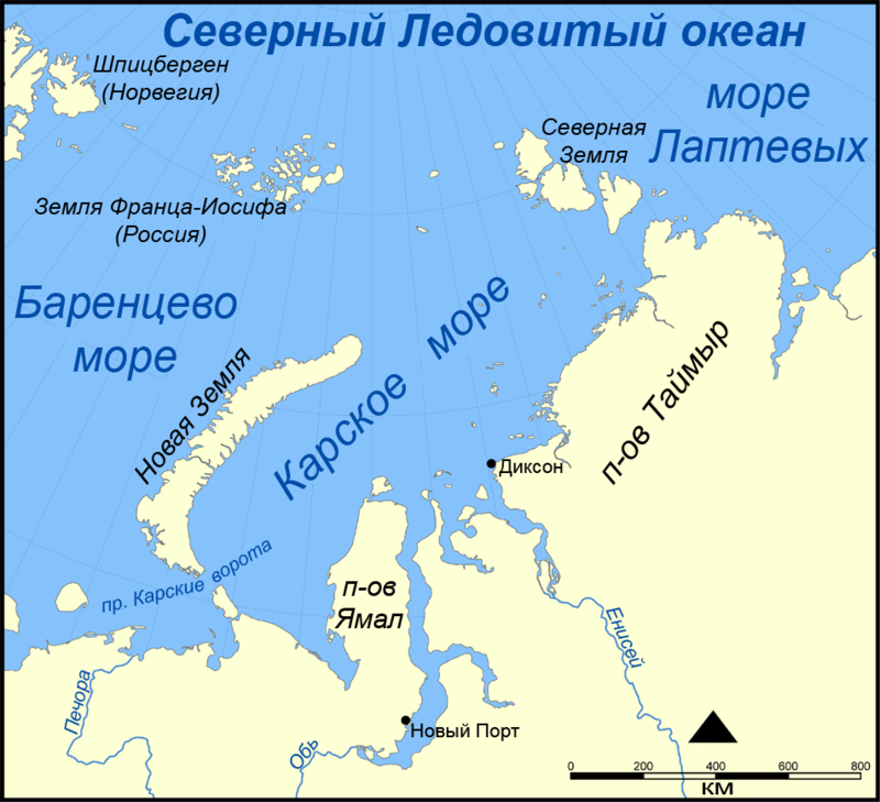 Карское море на карте, взято с https://ru.wikipedia.org/