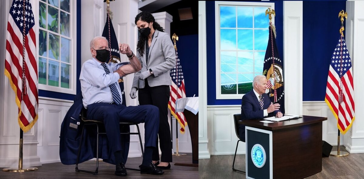 Когда Байдену делали прививку, через окно позади него был виден прекрасный сад у Белого дома, а во время форума по энергетике и климату через то же окно была видна солнечная электростанция