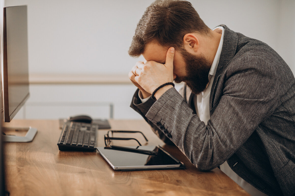 Tired person Sound. Sad businessman face.