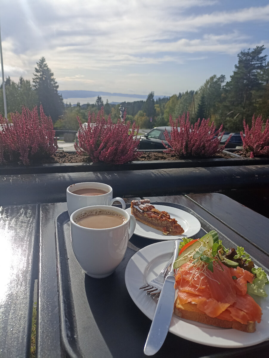 Тот самый легендарный сморреброд. К нему в нагрузку кофеек, какао и кусочек пирога
