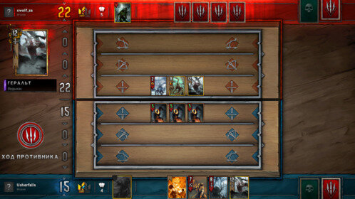 
Но вот меня своей простотой и интересностью просто покорил «Gwent».
Основы игры остались неизменными, но в геймплей и дизайн внесены некоторые коррективы. Дано пять колод; Скоя’таэли, Северные Королевства, Чудовища, Скеллиге, и Нильфгаард. Цель прежняя — собрать сильную колоду из 30 карт и, используя особенности фракций и собственную смекалку, победить соперника. В начале партии в руку дается 10 случайных карт из колоды, три из них можно обменять до начала боя. Карты выкладывают на игровое поле на три линии в зависимости от типа отряда: бойцы ближнего боя, дальнего боя и артиллерия. Помимо боевых отрядов, в вашем картонном войске будет лидер, обладающий уникальным умением. Кроме того, в распоряжении игрока есть усиливающие и ослабляющие эффекты. Победитель определяется по суммарной силе карт, находящихся на поле в конце раунда (всего их три).