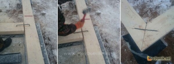 Вариант скрепления бруса металлическими скобами