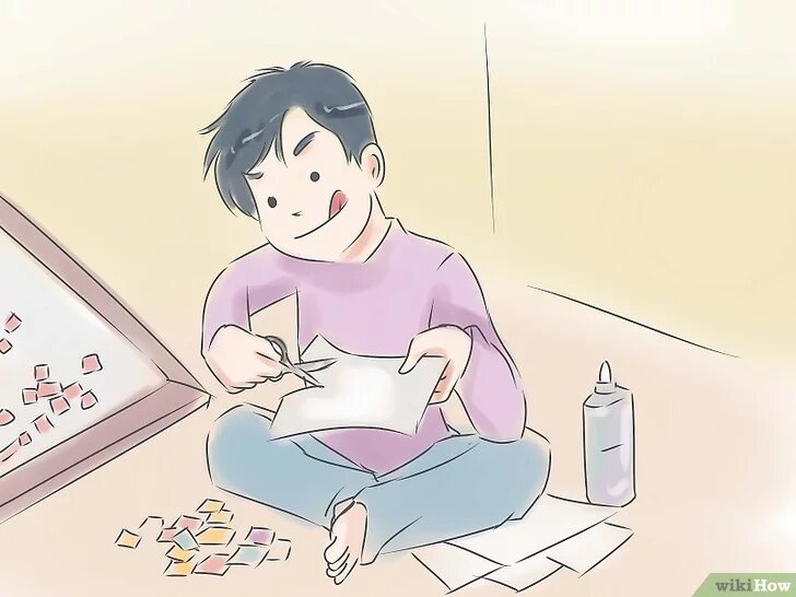 2Сделайте коллаж. Нарежьте изображения и буквы из старых журналов и сделайте нелепый коллаж, приклеивая головы к чужим телам или поместив какую-нибудь знаменитость рядом с луноходом. Вырежьте большие губы из рекламы помады и пририсуйте к ним смешные глаза и слова вроде "Земля скучна" или "О, нет! Это Человек-тунец!" или "По средам люди завидуют мне."