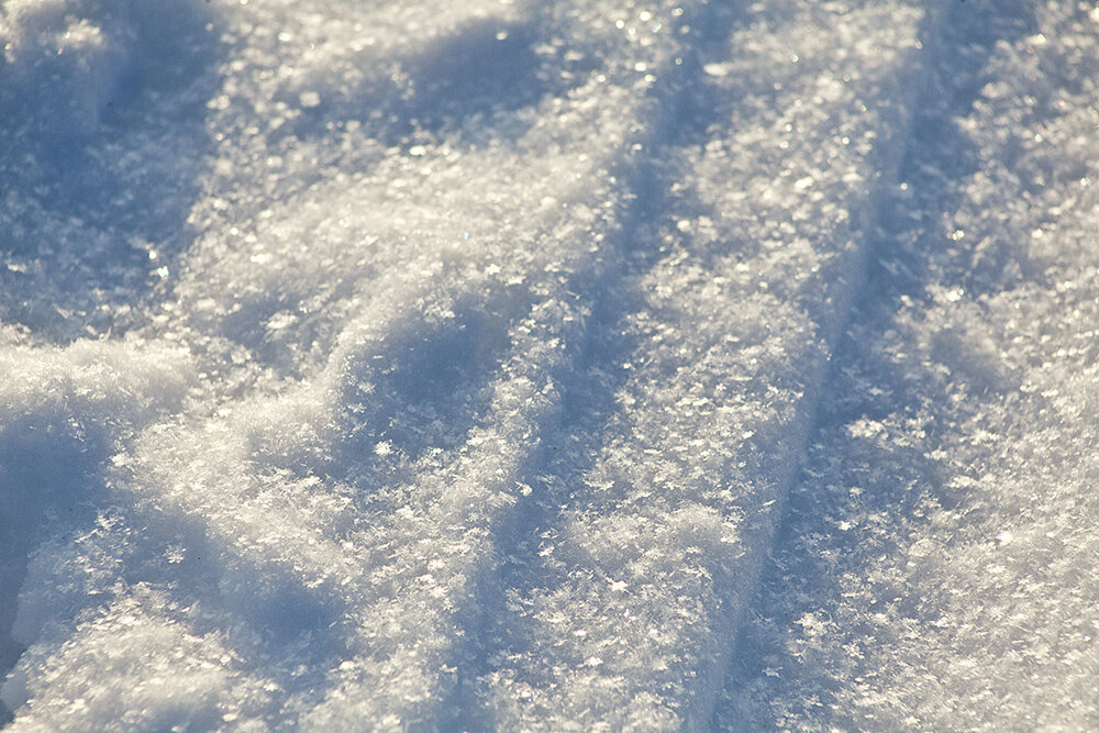 Фотография снега сделанная при низком солнце. Хотя снег считается образцом белизны, здесь на солнце он имеет желтый оттенок, а в тени выглядит голубым.