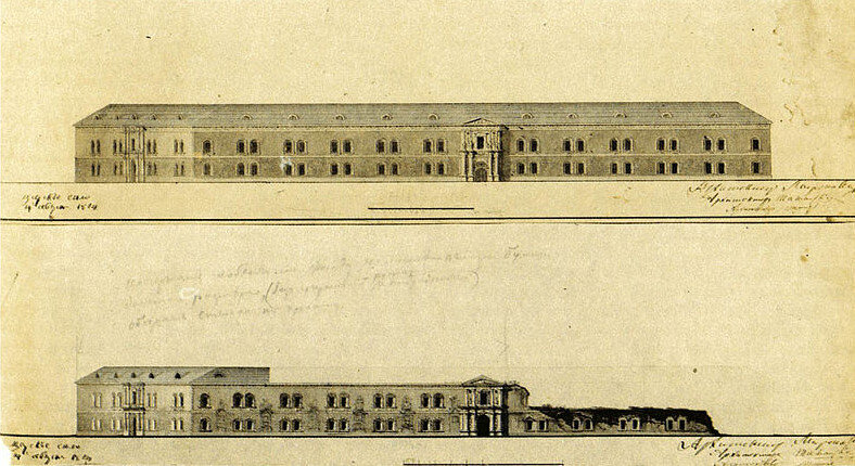 Московский Арсенал. Разрушения 1812 года (внизу) и  проект восстановления (вверху). Вид с внутренней стороны 1814. Автор - Мироновский Иван Львович 1774-1860г.