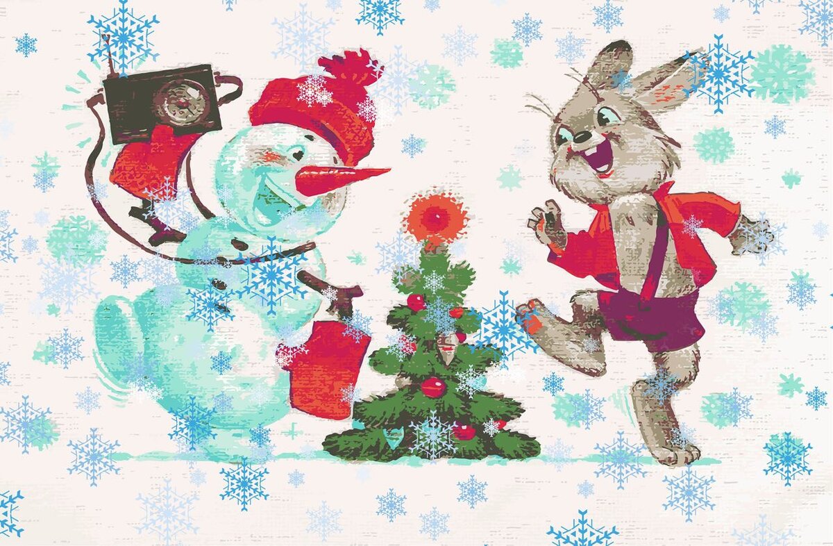 Новогодние открытки с снеговиком и зайчиком дает письмо