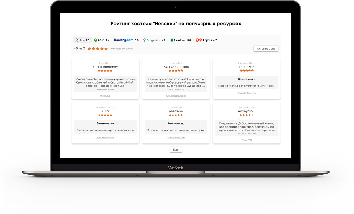 Виджет "Отзывы Все в Одном" с рядом источников для сайта хостела. 