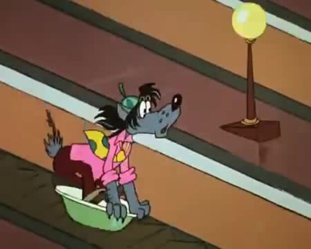 Стремительный спуск Волка в тазике :) Кадр из мультфильма.