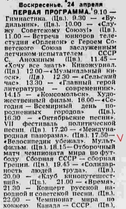 Программа первой программы центрального телевидения на 24 апреля 1977 года (воскресенье).