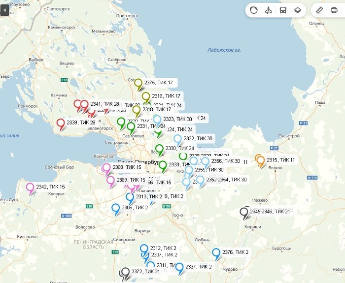 Карта "дачных" избирательных участков в Ленобласти. Яндекс-карты 