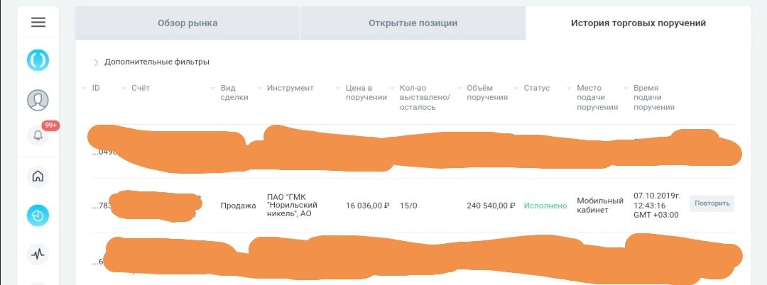 Скриншот автора. Заявка на продажу акций ПАО ГМК "Норникель".
