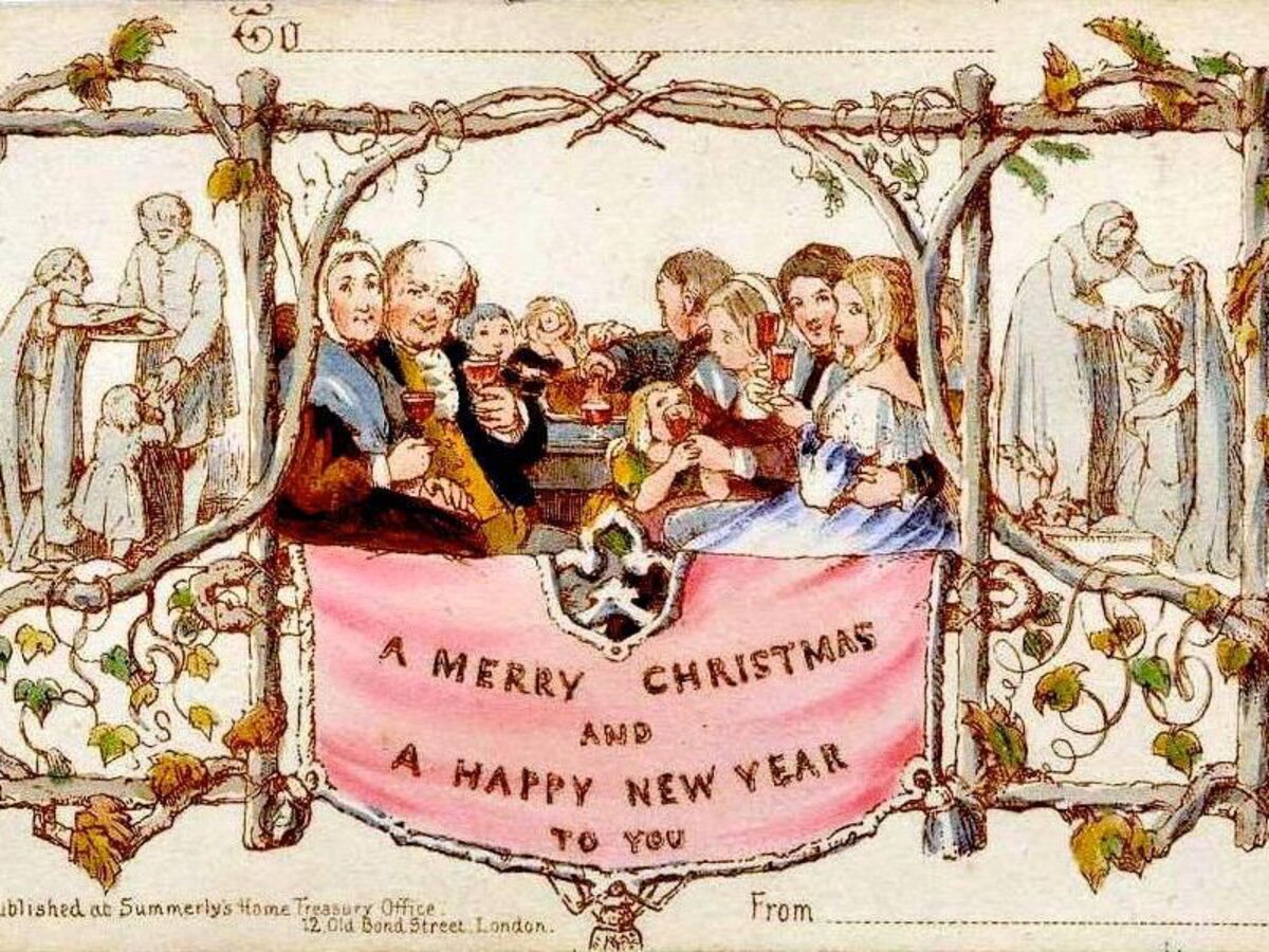 Рождественская поздравительная открытка Первая рождественская открытка, разработанная Джоном Кэлкоттом Хорсли для его друга сэра Генри Коула, 1843 г.