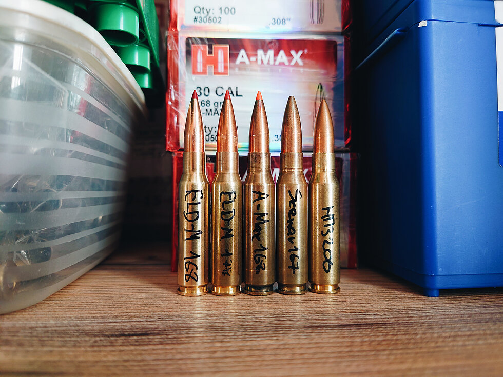 макеты патронов с разнымы пулями, которые я использую в качестве стандартов для единообразного определения ОДП