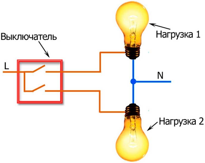 Как подключить двухклавишный выключатель. Схема подключения двухклавишного выключателя к лампочке. Схема подключения лампочки через выключатель двухклавишный. Как подключить 2 лампочки к одному выключателю схема подключения. Схема включения двухклавишного выключателя на две лампочки.