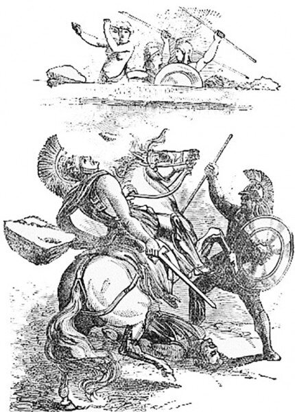 Что может объединять эти две абсолютно разные вещи ?

В  272 г. до н.э. указанный властитель и воин Пирр подобрался с войском в полной темноте к воротам Аргоса, предварительно открытым его приверженцами. В завязавшемся бою в одном из узких проулков ночного города Пирр схватился насмерть с неким юношей, имени которого  Плутарх не упомянул. В то время мать этого юного аргосца, как все женщины города, наблюдала за «ристалищем» с крыши стоящего рядом дома. Видя, что сын не сможет одолеть великого, она с неистовой силою вырвала кусок черепицы с кровельного покрытия и со всего размаха запустила его в оппонента. 
