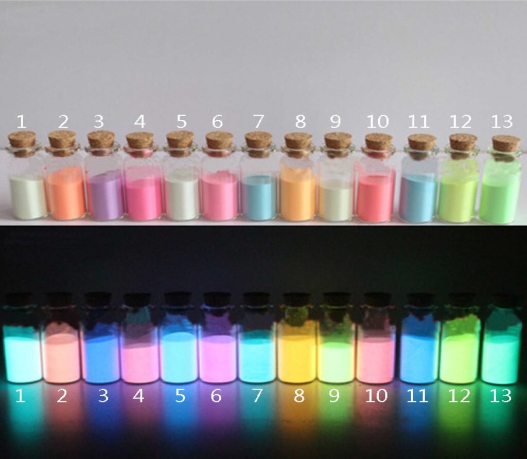 Фотография люминофоров в дневном свете и свечение люминофоров по цветам в темноте
