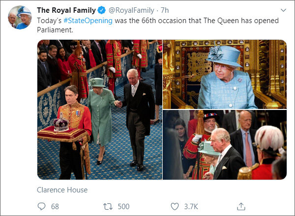 «Сегодня королева открывает парламент в 66-й раз». Из твиттера королевской семьи (https://twitter.com/RoyalFamily)