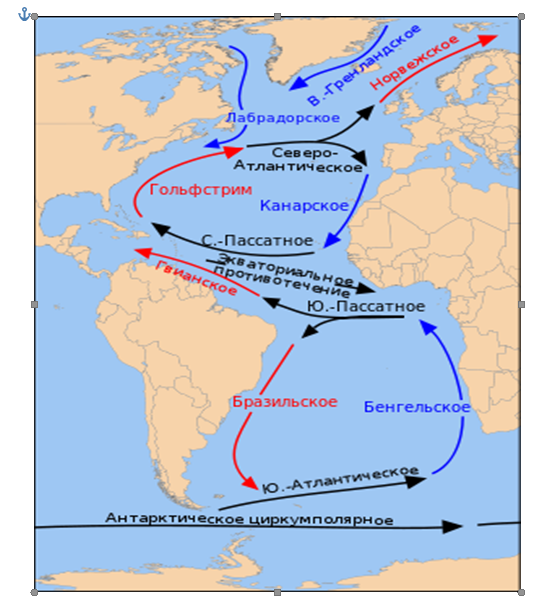 Течение западных ветров температура. Гольфстрим и Северо-атлантическое течение. Гольфстрим и Лабрадорское течение. Схема поверхностных течений Атлантического океана. Гольфстрим на карте Атлантического океана.