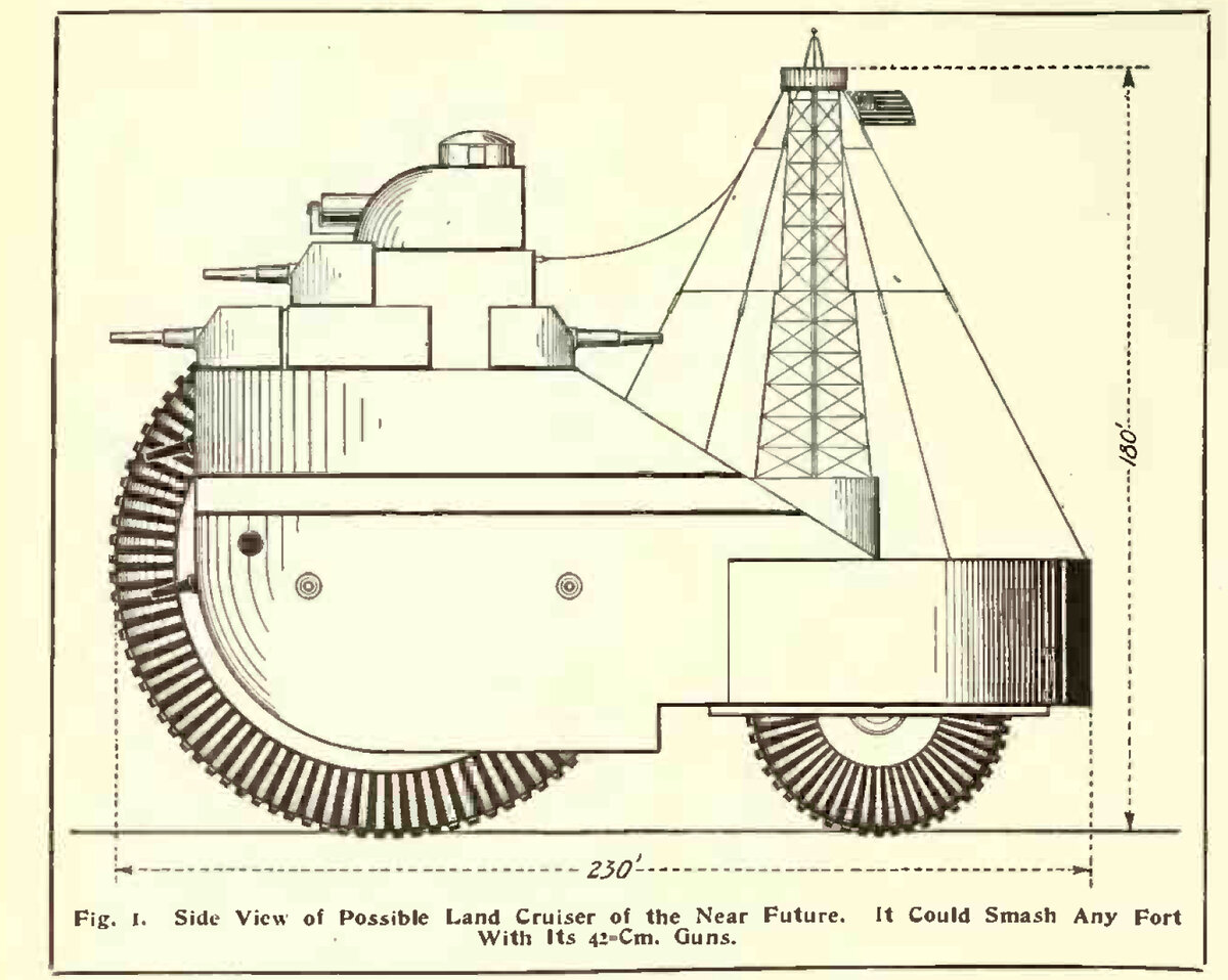 Высота фантастического сухопутного крейсера – 48 м. (160 футов), длина – 70 м., , на борту  –  42 -сантиметровые пушки, способные сокрушить любой форт.