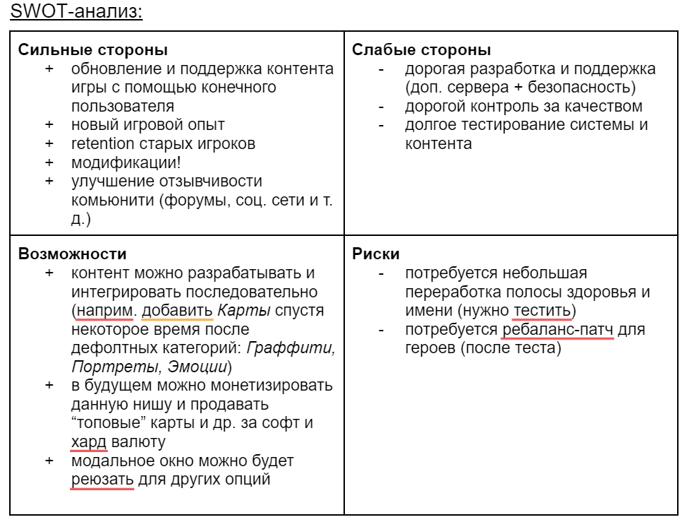                    Живой пример анализа для одной из предложенных мной механик