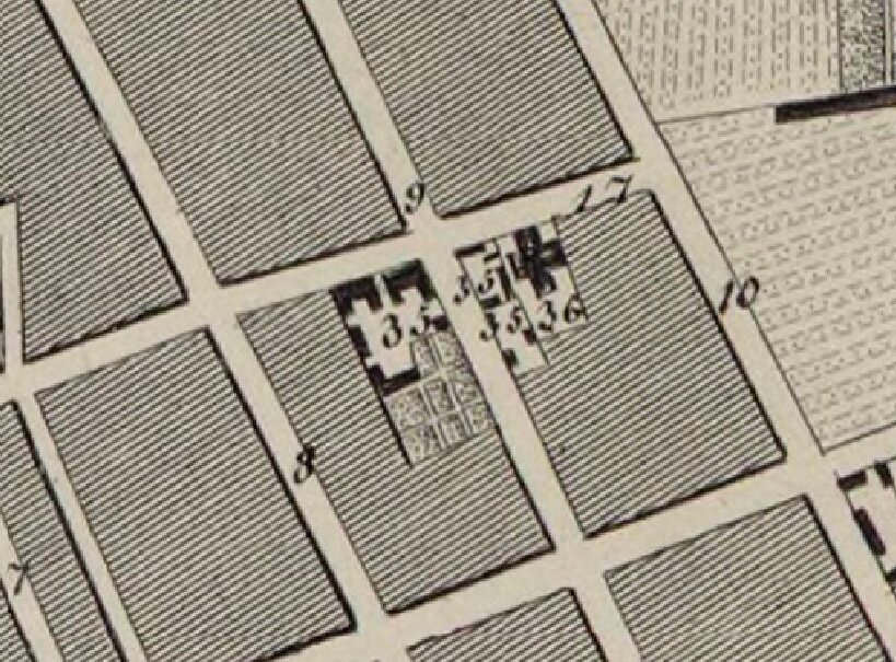 Угол будущих улиц Тербатас и Бруниниеку в 1843 году. Под номером 36 значится экзерциргауз. LNB