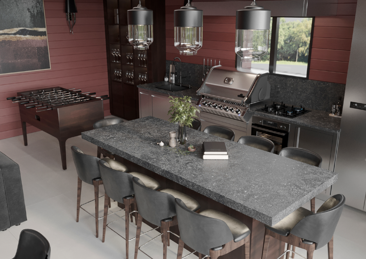 Большой остров со столешницей из черного матового гранита Infinity Black.
