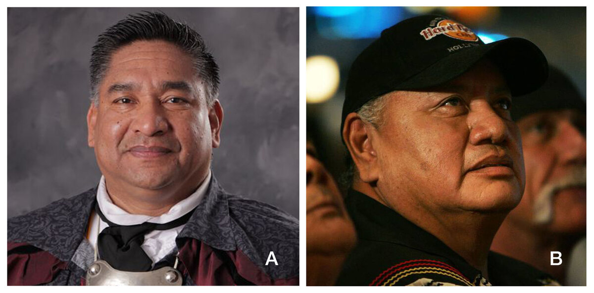 A) Представитель народности маскогов (крик). B) Макс Оцеола-младший, лидер племени семинолов Флориды