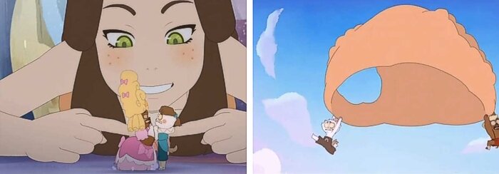 Кадры из 22-го эпизода сериала «Дофус: Сокровища Керуба»: великанша заставляет Керуба и Инди целоваться; Герои летят на гигантских трусах