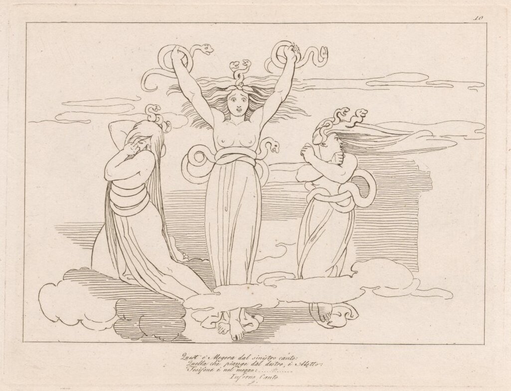 Мегера среди своих сестер — иллюстрация Джона Флаксмана к «Божественной комедии» Данте