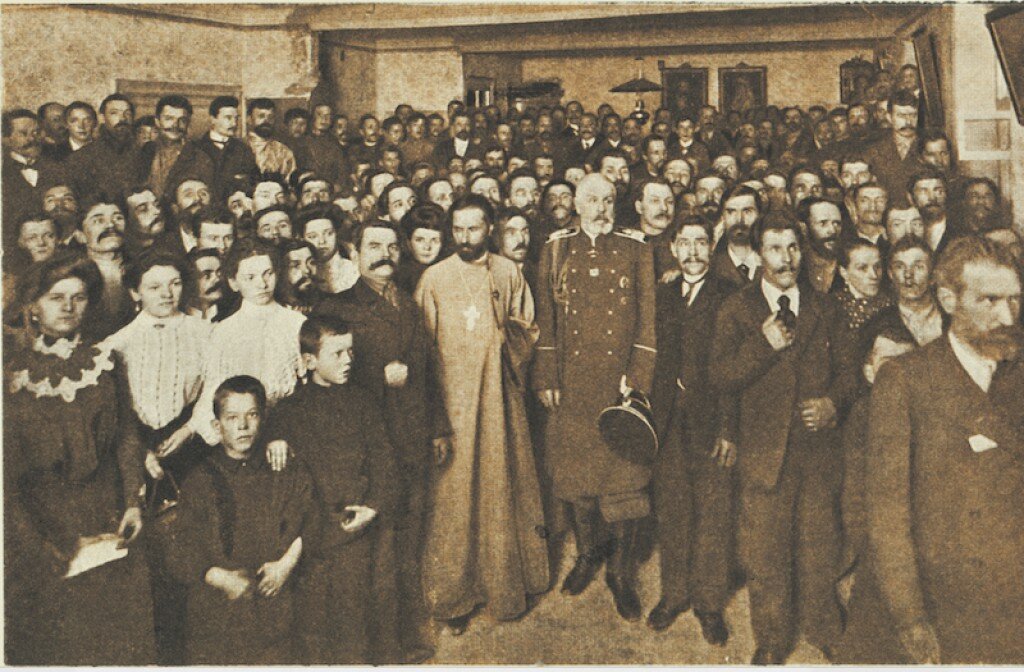 Г. А. Гапон и И. А. Фуллон на открытии Коломенского отдела «Собрания Русских фабрично-заводских рабочих г. Санкт-Петербурга». Осень 1904 года