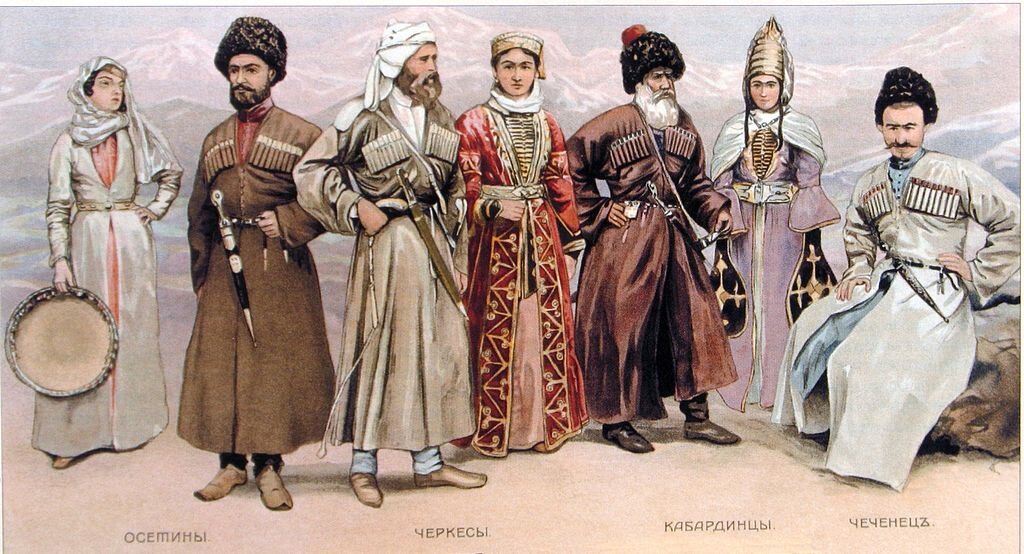 Народы Северного Кавказа в традиционных одеждах XIX века. Хромолитография. Фото: wikipedia.org