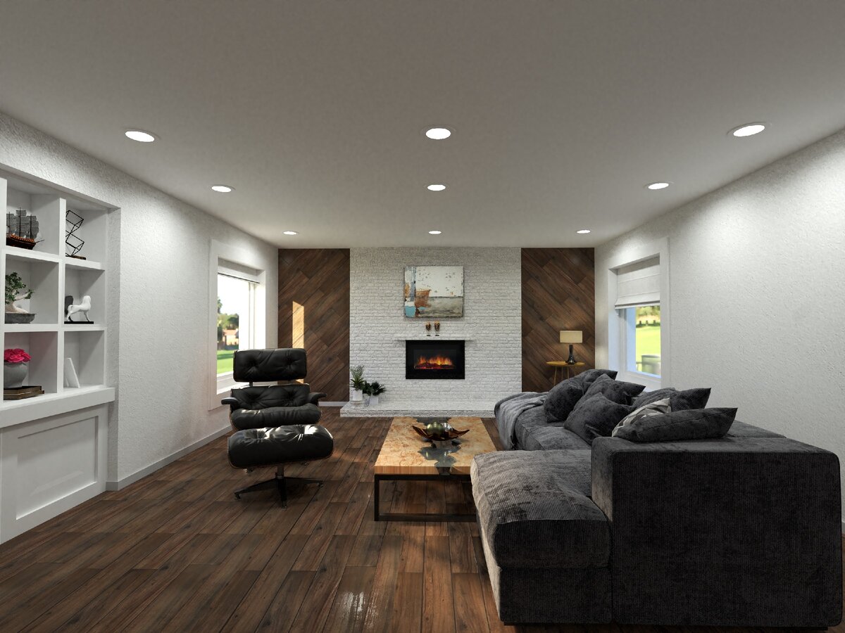 Выделение зоны камина с помощью диагонально расположенного ламината