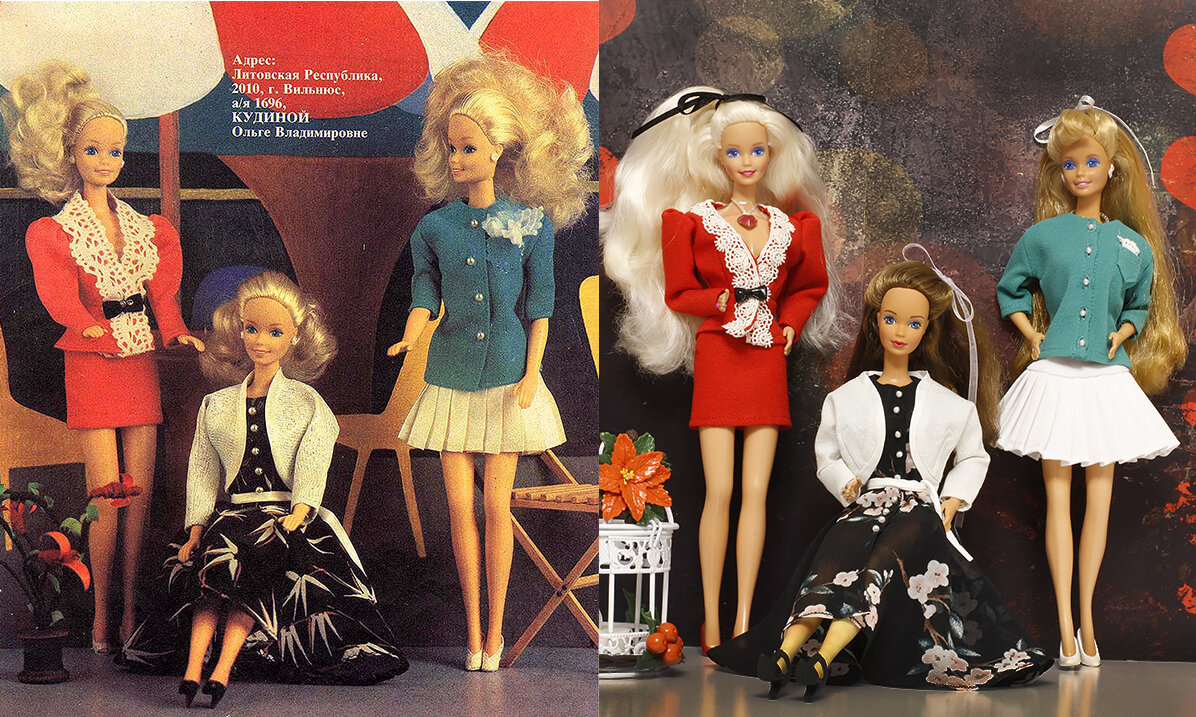 "Костюм малиновый: жакет и юбка", "Платье из цветного шифона и белый жакет", "Костюм: зелёный жакет и белая юбка в складку"