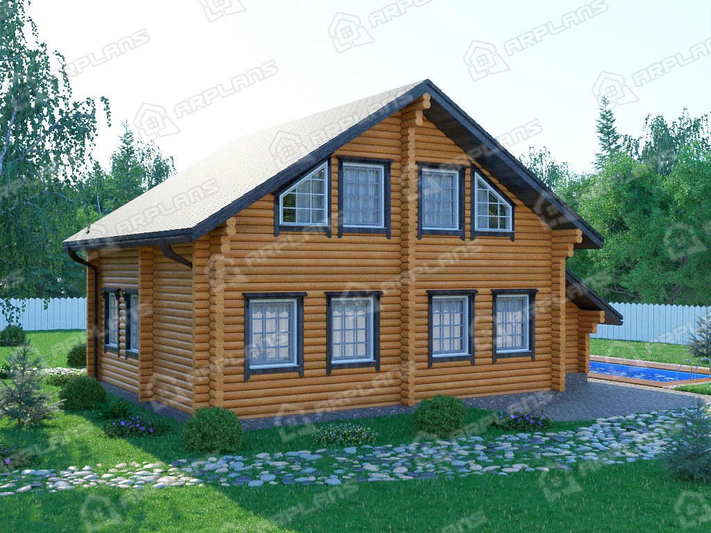 Фасад 2 двухэтажного дома из бревна с гаражом. Источник arplans.ru Проект ДО-086