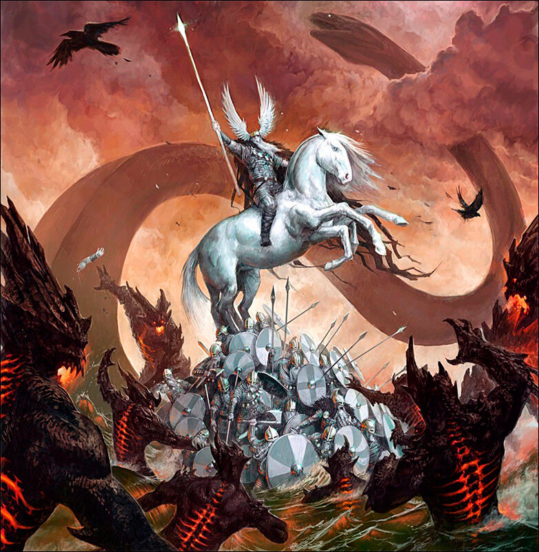 Один на восьминогом коне Слейпнире в бою против великанов.