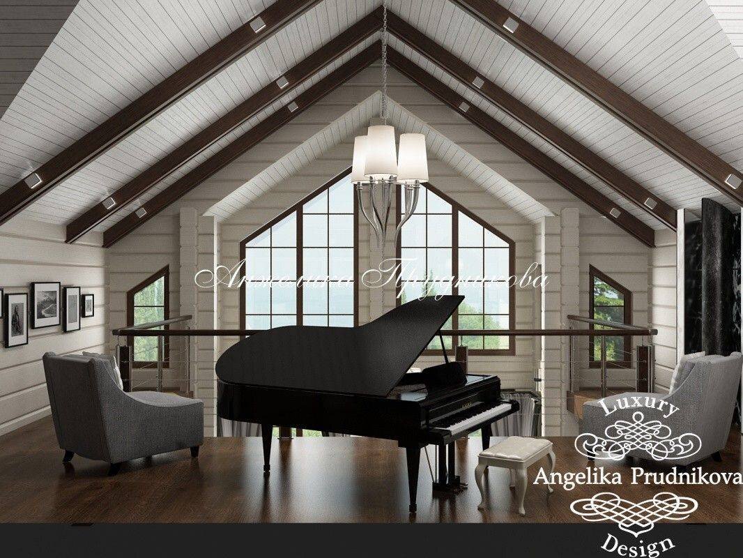 На фото: Дизайн интерьера галереи с роялем в загородном доме из бруса