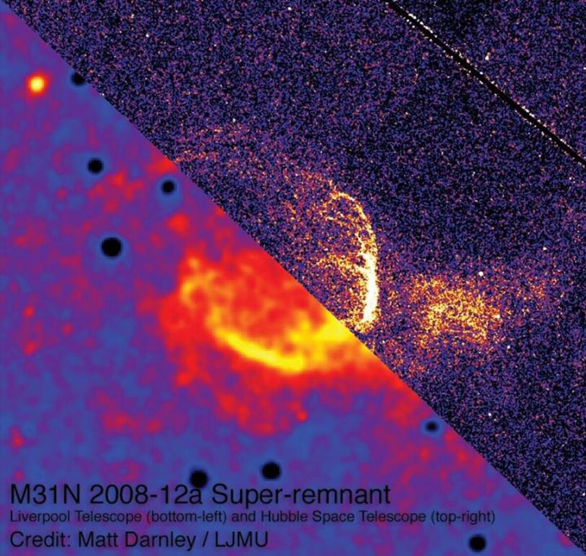 Изображение, составленное из данных телескопа «Хаббл» (вверху справа) и Ливерпульского телескопа (внизу слева), показывает «остаток сверхновой» вокруг M31N 2008-12a. Фото: Matt Darnley, Liverpool John Moores University