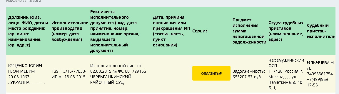 Скрин с сайта ФССП, регион Москва